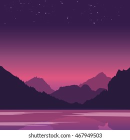 Evening landscape on the river. Travel. Vector illustration. Stars on the sky