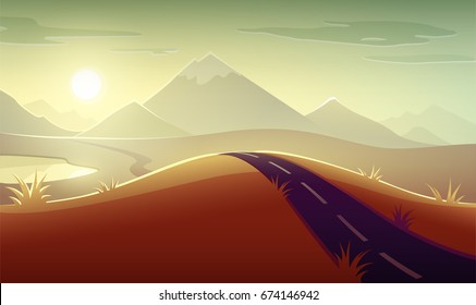 Evening landscape panorama with sunshine of sunset, mountains, sky with sun and clouds, road and lake. Eps10 vector illustration.