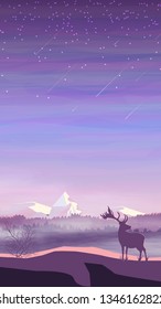 Evening landscape, pine forest in fog, deer and snowy mountains, starry sky with falling stars. Vector illustration