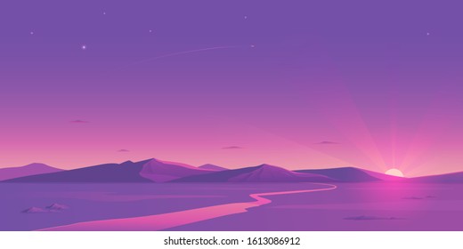 The evening landscape of the plain has mountains on the horizon, the sun behind the mountains with wide rays, the river, and a small plane in the sky.