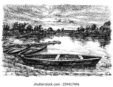 Evening landscape with the river and boats - isolated black and white vector illustration stylized engraving