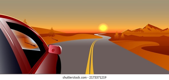 Evening landscape with a road and a car