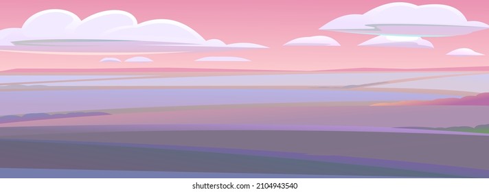Evening landscape. Rural countryside beautiful view. Twilight after sunset. Horizontal illustration. Early in the morning before dawn. Fields and meadows. Flat style. Vector