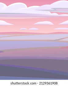 Abendlandschaft. Ländliche Landschaft schöne Aussicht. Zweimal Licht nach Sonnenuntergang. In rosa und lila Farben. Früh morgens vor Tagesanbruch. Felder und Wiesen. Flacher Stil. Vektorgrafik.