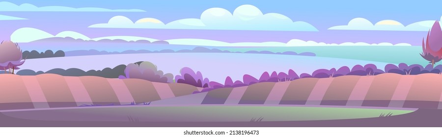 Evening landscape. Rural countryside beautiful view. Twilight after sunset. Early in the morning before dawn. Fields and meadows. Horizontal illustration. Flat style. Vector.
