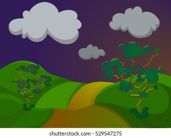 Evening landscape. Summer landscape. Cloudy landscape with clouds in the sky. Colorful background. Landscape with clouds in the sky.?artoon