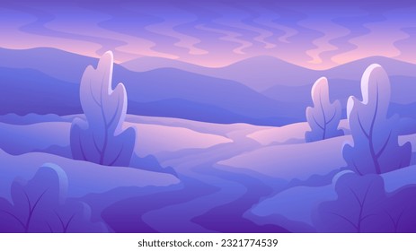 Evening landscape trees near the river on the mountains background. Atmospheric sunset illustration.