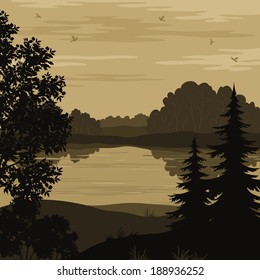 Evening landscape, trees, river and birds silhouette. Vector