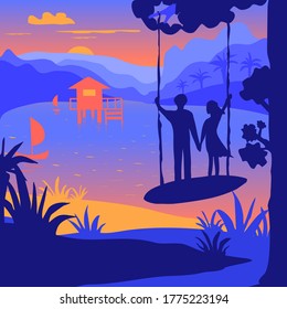 Evening landscape, vector, stock illustration. Color drawing. Couple on a swing by the sea enjoying the scenery. The print can be used for themes of travel, Valentine's Day, vacation.