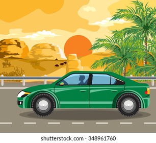 Evening landscape of the Wild West. Bisons, cowboy and cars on the road.