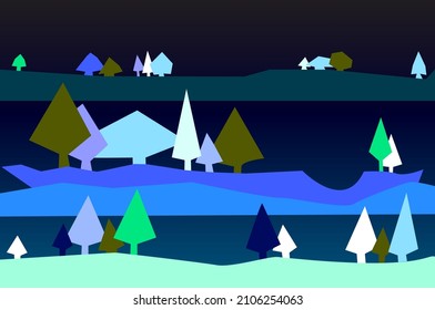 Evening landscape. Winter forest. Forest panorama.