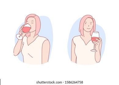 Evening leisure, bar rest, cafe recreation concept. Relaxation, enjoyment, entertainment, female party visitor, young woman with wineglass, girl drinking red wine. Simple flat vector