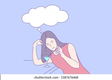 Evening leisure, night club rest alone, bar recreation concept. Solitude, thinking and dreaming, young woman with cocktail, single girl with glass and speech bubble. Simple flat vector