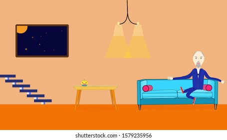 evening living room with sofa and table, illuminated by light from a lamp