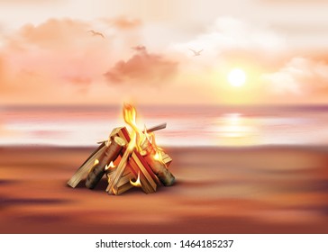 Evening marine landscape at sunset realistic composition with bonfire on sandy shore vector illustration 