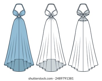 Evening maxi Dress technical fashion illustration. Lace Dress fashion flat technical drawing template, cutouts, draped, back zipper, asymmetric, front and back view, white, blue, women CAD mockup set.