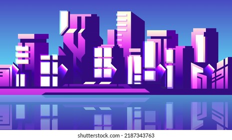 Evening modern skyscraper building. Twilight horizontal cityscape.