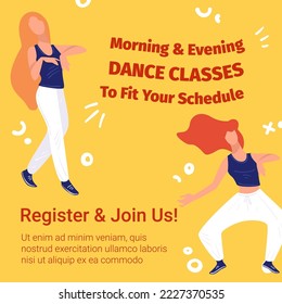 Evening and morning dance classes to fit your schedule. Register and join us. Improving skills and learning new movements, hobby and leisure. Activities and active lifestyle. Vector in flat style