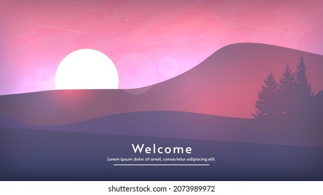Evening or morning with full moon or sun and stars in dark blue sky with mountains and forest. Sunrise or sunset. Vector illustration background nature landscape in the countryside, flat style. 