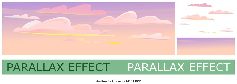 Evening or morning sky with clouds and airplane trails. Image from layers for overlay with parallax effect. Cute cartoon style. Solid layers for image folding with parallax effect. Vector.