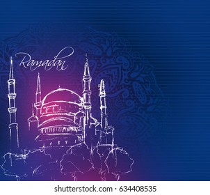 Evening mosque tower image with Ramadan calligraphy text, night view, culture and traditional event, drawing in white ink or pencil on dark blue night background, copyspace. Vector Illustration