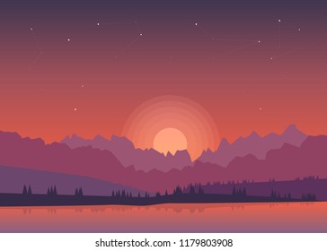 Evening mountain landscape with lake in the foreground