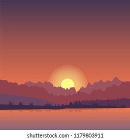 Evening mountain landscape with lake in the foreground