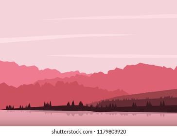 Evening mountain landscape with lake in the foreground