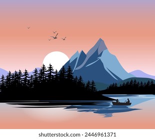 Evening mountain view vector illustration.