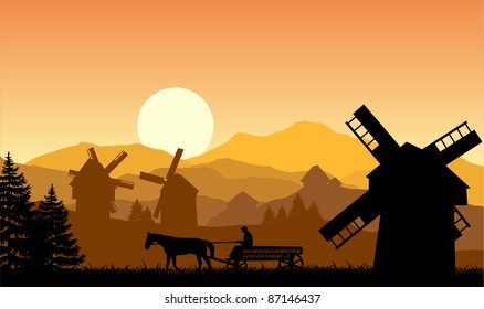 The evening in mountain village. Vector illustration. Sunset in the mountains.