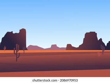 Evening mountainous desert with cacti landscape. Dunes with brown stones blue skies and green thorny plants natural panorama of sahara arid desert without oasis. Vector cartoon sandstone.