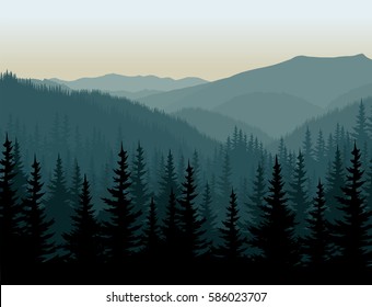 Evening mountains forest retro vintage vector background illustration.