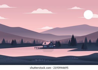 Evening in the Mountains - Modern Flat Landscape Illustration.