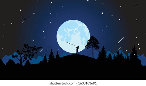 evening in the mountains starry sky man in the moonlight, vector drawing, dark night, trees in the mountains mountains, Ukraine, trembita, big moon