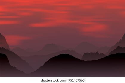 Evening mountains and sunset with beautiful sky and clouds. Vector illustration