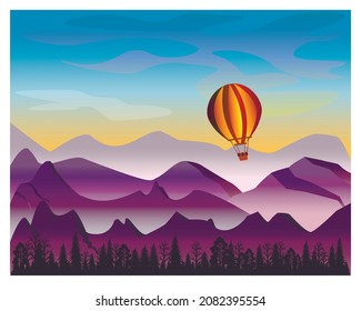 Evening mountains sunset flying balloon