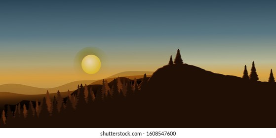 Evening in the mountains. Sunset in the mountains. Landscape illustration. Vector illustration.