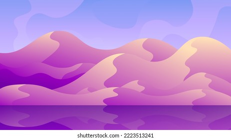 Evening mountains view with reflection in water at sunrise pink sky background.