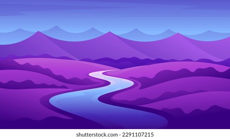 Evening natural landscape. The river flows through the fields on a mountain range background.