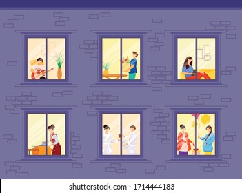 Evening neighbors routine flat color vector illustration. People lifestyle inside house windows. Hobby and leisure. Home activity 2D cartoon characters inside with interior on background