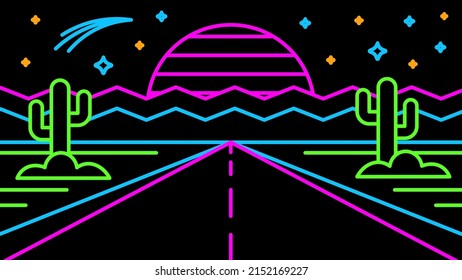 Evening neon illustration in retro gaming 80s style on black background. Road through dry desert with cactus at sunset.