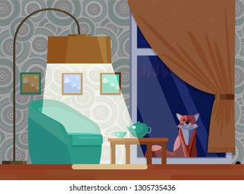 Evening or night interior background. Cosy room with armchair and floor lamp. Light falls on a coffee table with a teapot and a cup. Lonely fox is sitting outside the window and wants to come in.