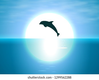 Evening night view jumping dolphin on the background of the moon. Bottlenose dolphin jumps out of the sea. Vector illustration.