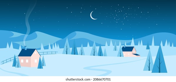 Evening or night village winter landscape vector illustration. Cartoon snow covered farm houses with smoke from chimney and silhouettes of pine trees, mountains on horizon. Christmas holidays concept