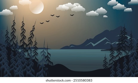 Evening northern seascape. Coniferous trees on the shores of the bay under the evening sky with the moon, clouds, flying birds. Author's work. Vector.