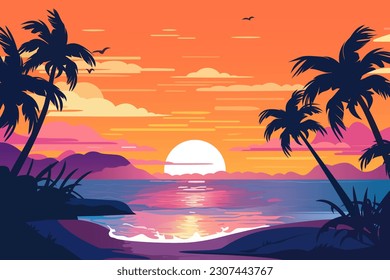 Evening on the beach with a beautiful landscape of palm trees. Evening on the beach with palm trees. colorful picture for rest. Palm trees at sunset. Orange sunset. Summer sunset. Paradise sunse