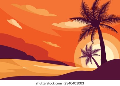 Por la noche en la playa, con un hermoso paisaje de palmeras. Por la noche en la playa con palmeras. imagen colorida para descansar. Palmeras al atardecer. La puesta de sol naranja. Atardecer de verano. Paradise beach sunse