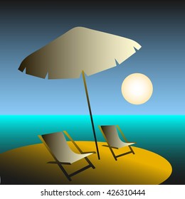 Evening on the beach,  beige benches with an umbrella, island in the sea