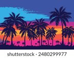 Evening on the beach with palm trees. An evening on the beach with palm trees. Colorful picture for rest. Blue palm trees at sunset. Orange sunset in the blue sky. Palmeny island. Summer sunset agains