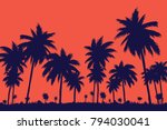 Evening on the beach with palm trees. An evening on the beach with palm trees. Colorful painting for rest. Dark palm trees at sunset. Orange sunset in the blue sky. The island with palm trees. Summer 